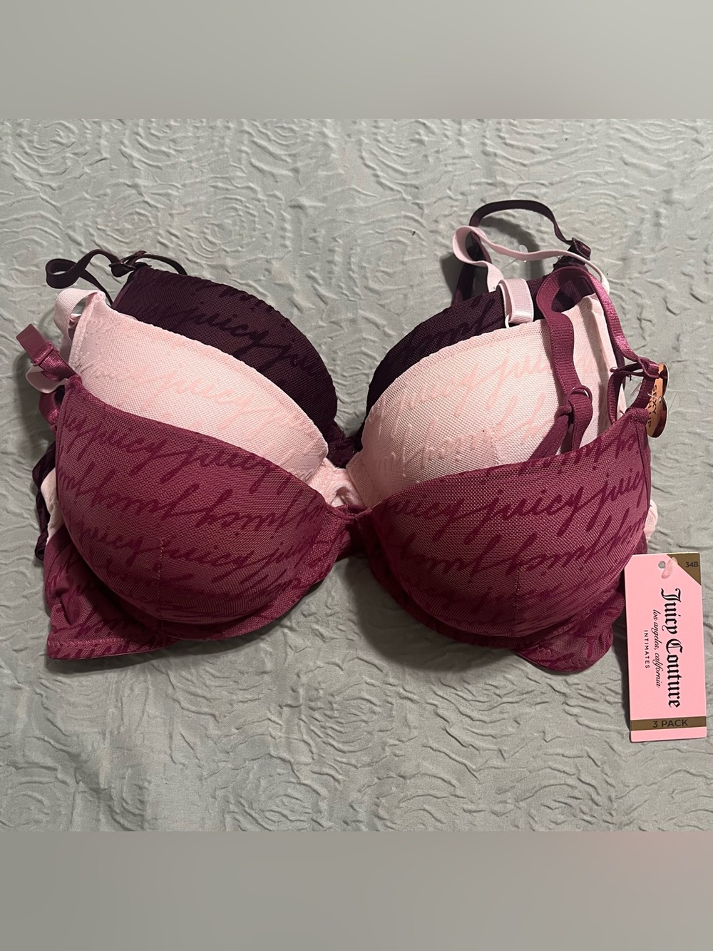 Juicy Couture 3-Pack Padded Bras in Light Pink, Plum & Berry Script